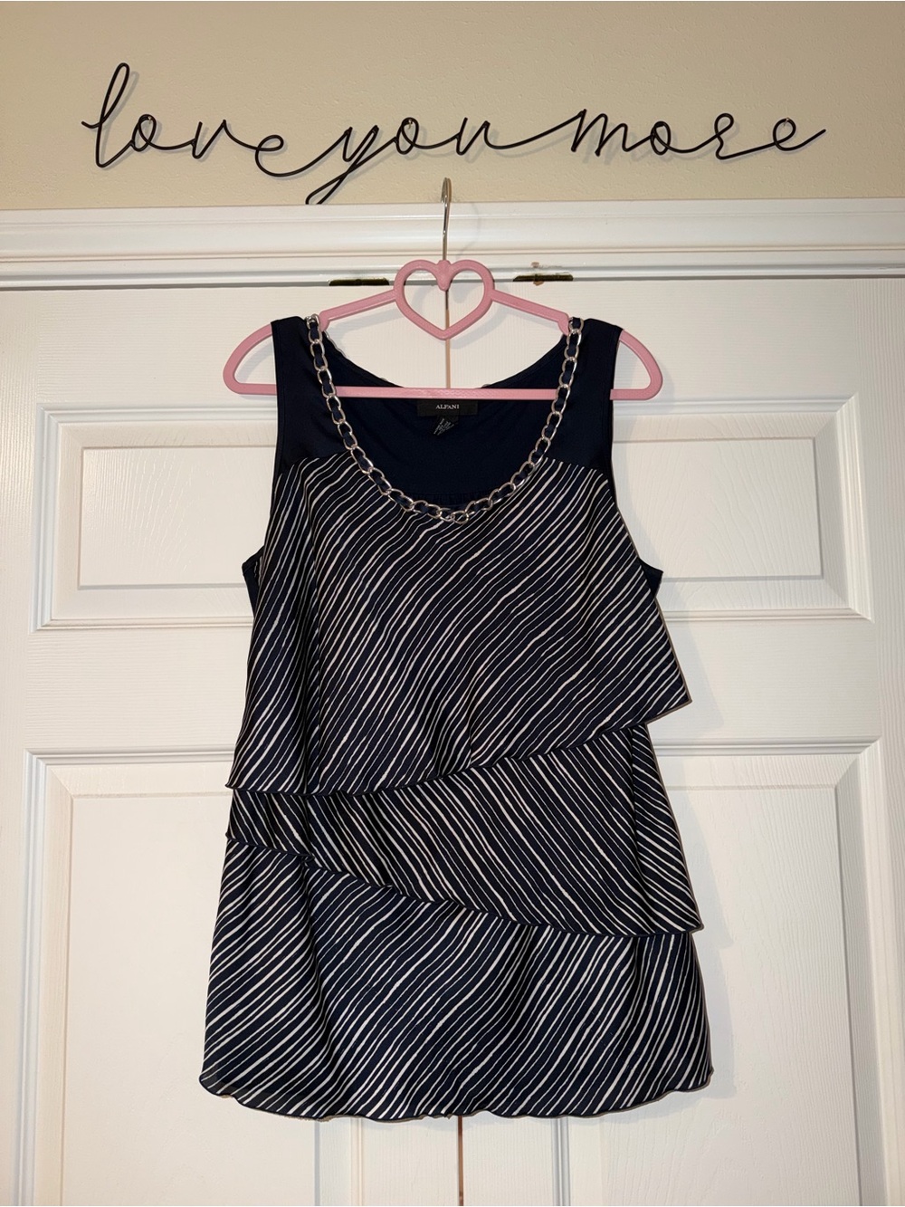 Alfani Navy & White Striped Tiered Chain-Trim Tank